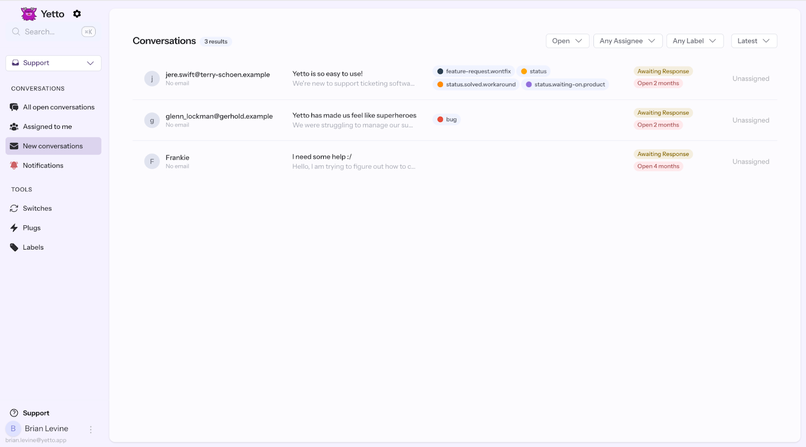 screenshot of inbox page with new conversations